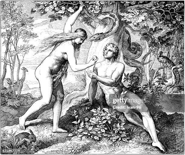 ilustraciones, imágenes clip art, dibujos animados e iconos de stock de adam & eve comer fruto prohibido - el jardín del edén