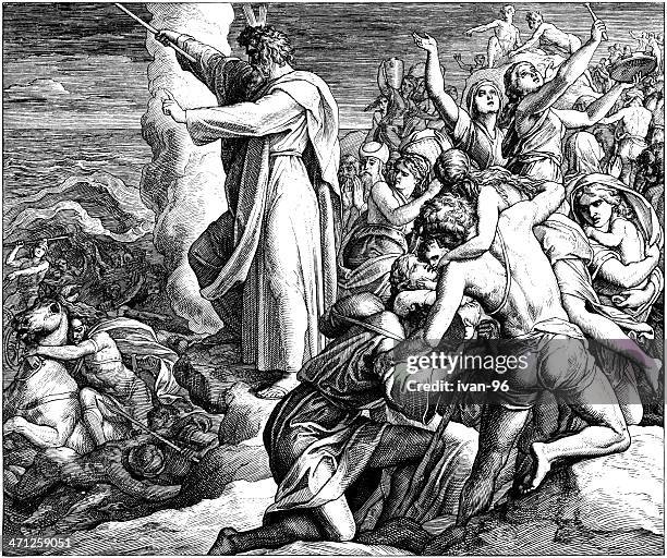 durch das rote meer - moses religiöse figur stock-grafiken, -clipart, -cartoons und -symbole