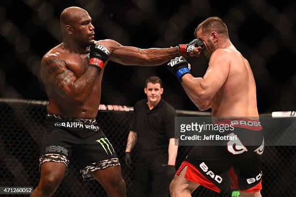 Quinton 'Rampage' Jackson of the United States punches Fabio Maldonado of Brazil in their UFC catchweight bout during the UFC 186 event at the Bell...