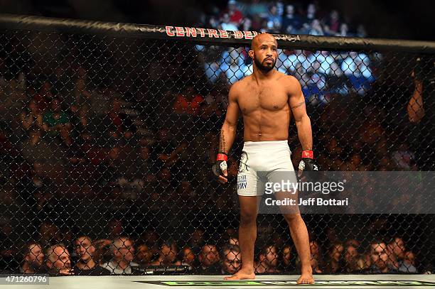 Flyweight champion Demetrious 'Mighty Mouse' Johnson of the United States stands in his corner before facing Kyoji Horiguchi in their UFC flyweight...