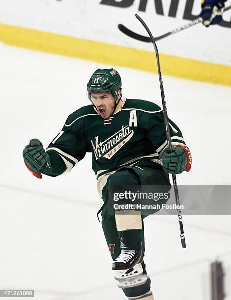 Zach Parise of the Minnesota Wild celebrates scoring a short-handed goal against the St. Louis Blues during the first period in Game Six of the...