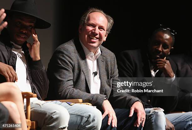 Charles Riley, Hans Zimmer and Ladj Ly attend Tribeca Talks After The Movie:Les Bosquets during the 2015 Tribeca Film Festival at SVA Theater on...