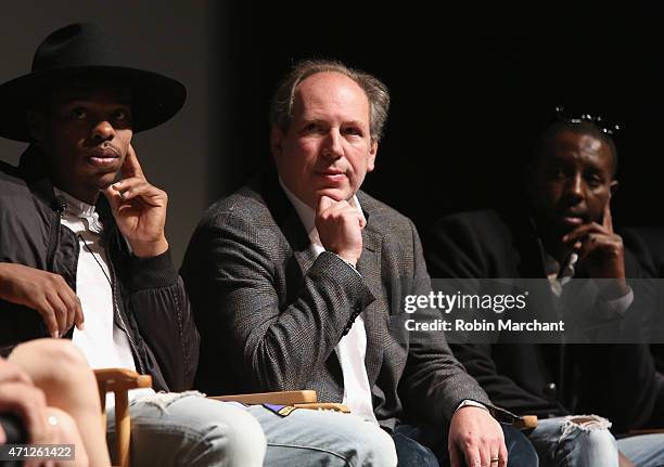 Charles Riley, Hans Zimmer and Ladj Ly attend Tribeca Talks After The Movie:Les Bosquets during the 2015 Tribeca Film Festival at SVA Theater on...