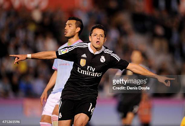 Javier 'Chicharito' Hernandez of Real Madrid celebrates after scoring Real's 4th goal during the La Liga match between Celta Vigo and Real Madrid CF...