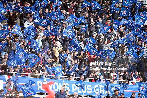Supporters celebrate the 2-1 victory over Wolfsburg during the UEFA Womens Champions League Semifinal game between Paris Saint Germain and VfL...
