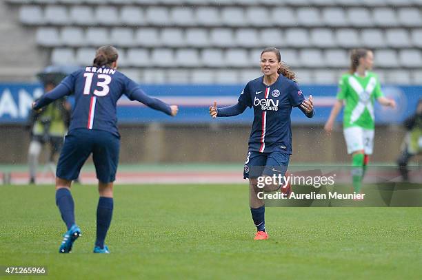 Laure Boulleau of PSG reacts after the first goal during the UEFA Womens Champions League Semifinal game between Paris Saint Germain and VfL...