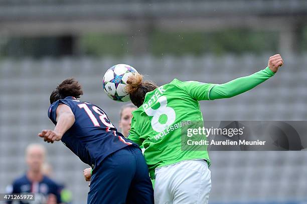 Marie-Laure Delie of PSG and Babett Peter of VfL Wolfsburg in action during the UEFA Womens Champions League Semifinal game between Paris Saint...