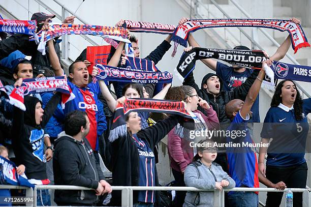 Supporters celebrate the 2-1 victory over Wolfsburg during the UEFA Womens Champions League Semifinal game between Paris Saint Germain and VfL...