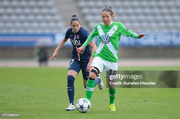 Aurelie Kaci of PSG and Vanessa Bernauer of VfL Wolfsburg rin action during the UEFA Womens Champions League Semifinal game between Paris Saint...