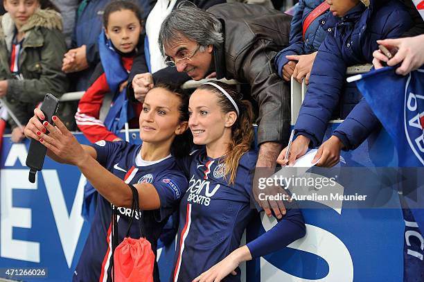 Kosovare Asllani and Fatmire Alushi of PSG celebrate the 2-1 victory over Wolfsburg during the UEFA Womens Champions League Semifinal game between...