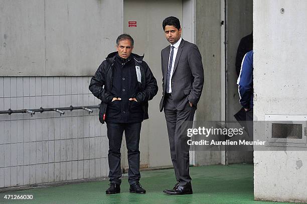 Head Coach Farid Benstiti and PSG President Nasser Al-Khelaifi before the UEFA Womens Champions League Semifinal game between Paris Saint Germain and...