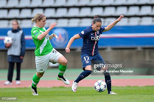 Aurelie Kaci of PSG and Anna Blasse of VfL Wolfsburg in action during the UEFA Womens Champions League Semifinal game between Paris Saint Germain and...