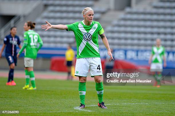 Nilla Fischerof VfL Wolfsburg reacts during the UEFA Womens Champions League Semifinal game between Paris Saint Germain and VfL Wolfsburg at Stade...