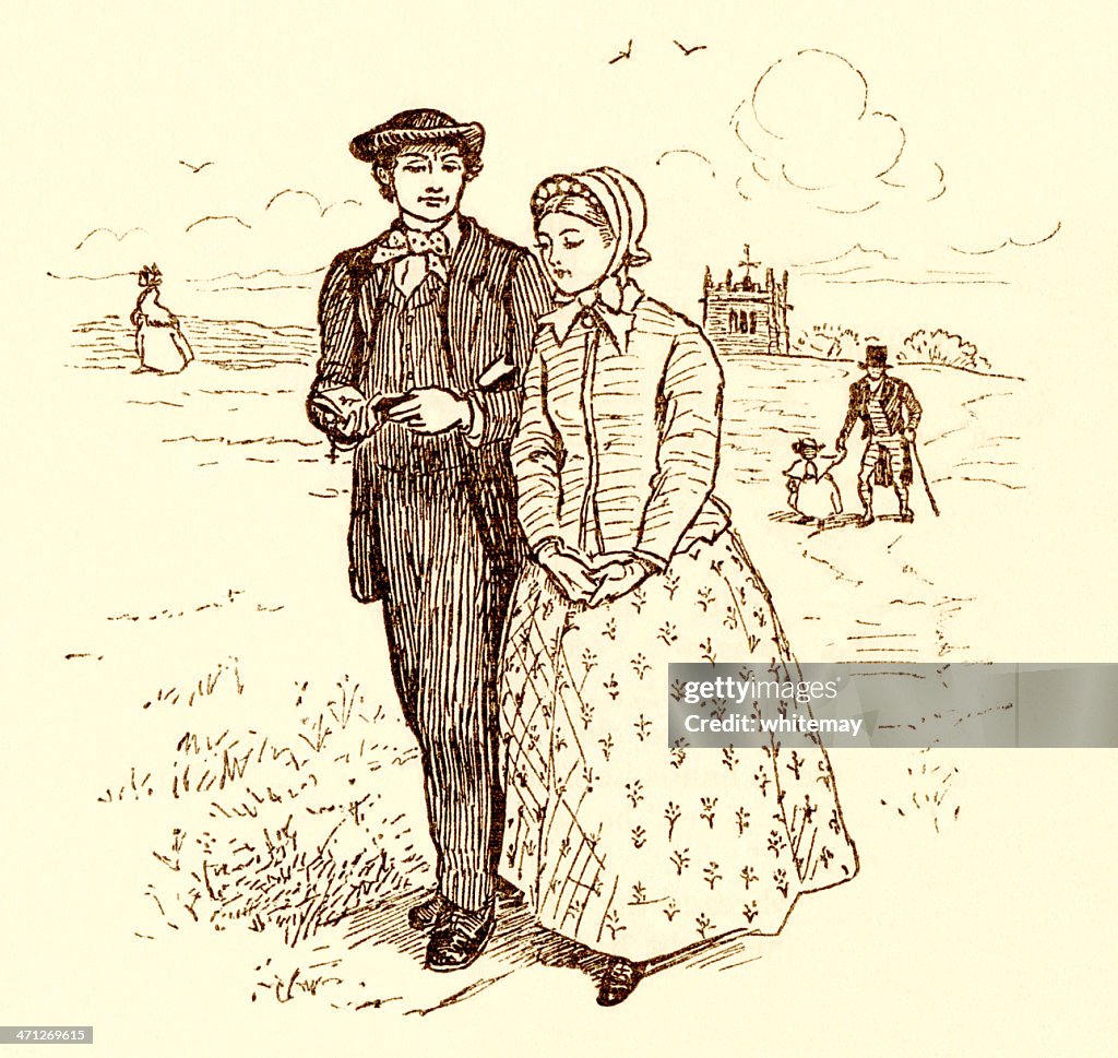 Randolph Caldecott illustration - young Victorian couple walking