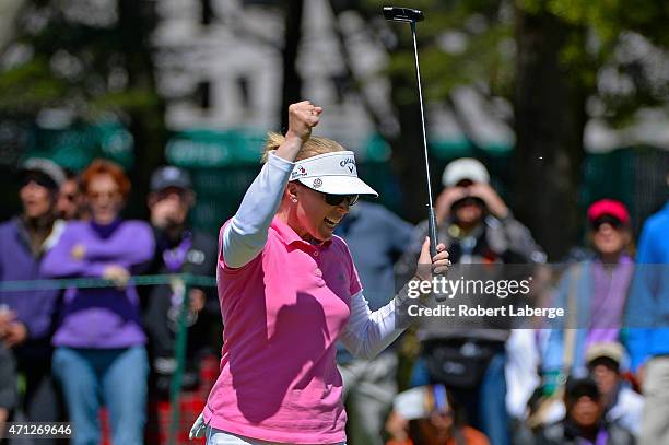 Morgan Pressel celebrates an eagle putt on the sixth hole during the final round of the Swinging Skirts LPGA Classic presented by CTBC at the Lake...