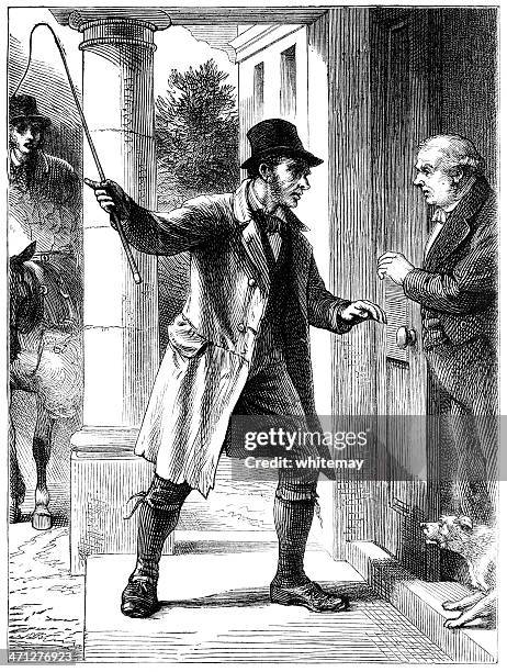 threatening or worried-looking man with a whip - front steps stock illustrations