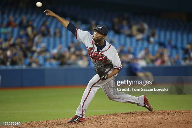 Sugar Ray Marimon of the Atlanta Braves delivers a pitch in the tenth inning during MLB game action against the Toronto Blue Jays on April 18, 2015...