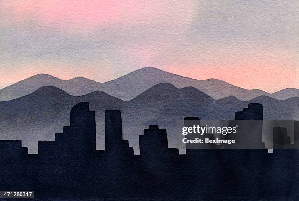 illustration of cities and mountains on the denver skyline - denver skyline city stock illustrations