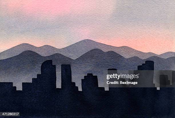 illustration of cities and mountains on the denver skyline - denver art stock illustrations