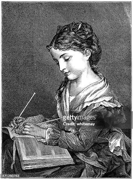 young victorian woman knitting and reading at the same time - ringlet hairstyle stock illustrations