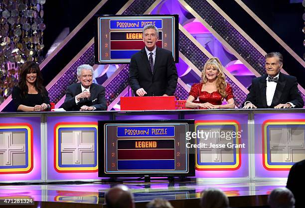 Marie Osmond, Regis Philbin, Tom Bergeron, Charo, and Fred Willard onstage during The 42nd Annual Daytime Emmy Awards at Warner Bros. Studios on...