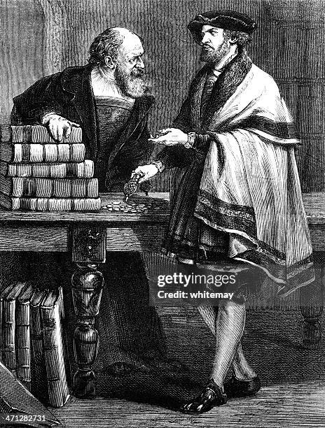 bildbanksillustrationer, clip art samt tecknat material och ikoner med purchasing william tyndale's translation of the new testament (victorian engraving) - sold engelskt begrepp