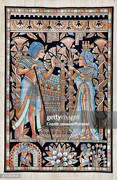 papyrus depicting tutankhamun and his wife ankhesenamun - tutankhamun stock illustrations