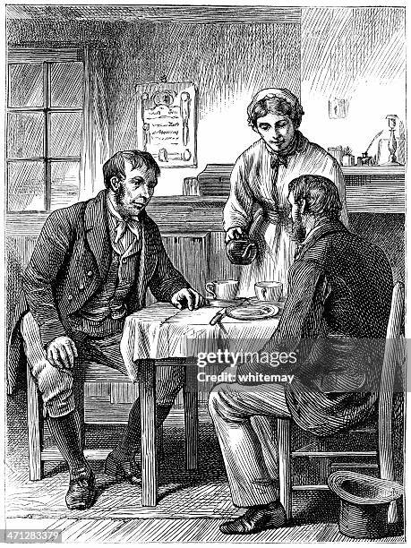 woman pouring tea for two men (victorian illustration) - sitting at kitchen table stock illustrations