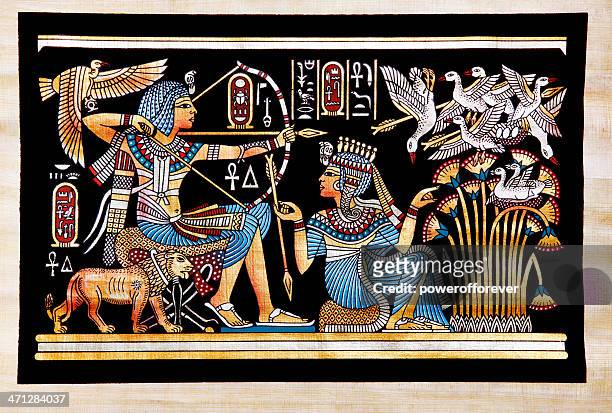 stockillustraties, clipart, cartoons en iconen met papyrus depicting tutankhamon hunting birds - ancient egyptian women