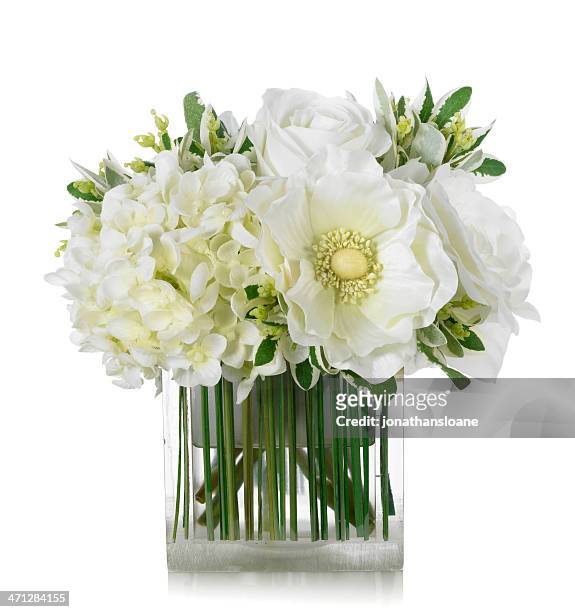 white rose, hydrangea and anemone bouquet on white background - vase stock pictures, royalty-free photos & images