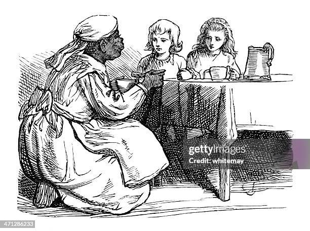 ilustraciones, imágenes clip art, dibujos animados e iconos de stock de victorian afro-caribe nanny a la chidren su cena - criada