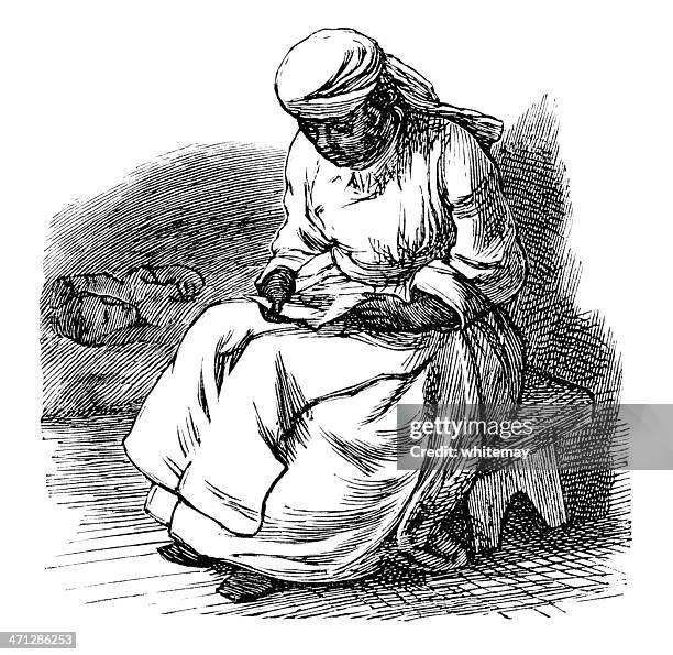 stockillustraties, clipart, cartoons en iconen met victorian afro-caribbean woman studying a letter - woman slavery