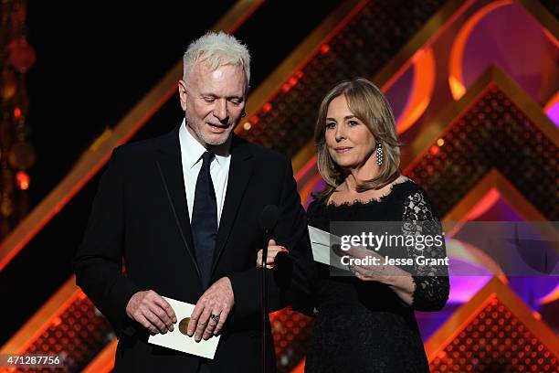 Actors Anthony Geary and Genie Francis speak onstage during The 42nd Annual Daytime Emmy Awards at Warner Bros. Studios on April 26, 2015 in Burbank,...