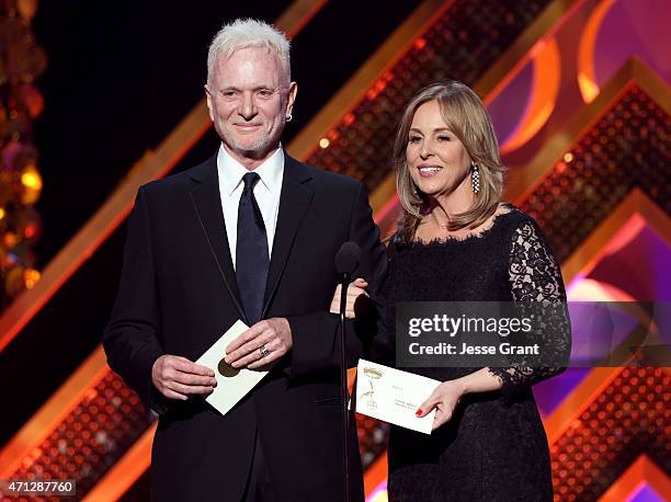 Actors Anthony Geary and Genie Francis speak onstage during The 42nd Annual Daytime Emmy Awards at Warner Bros. Studios on April 26, 2015 in Burbank,...