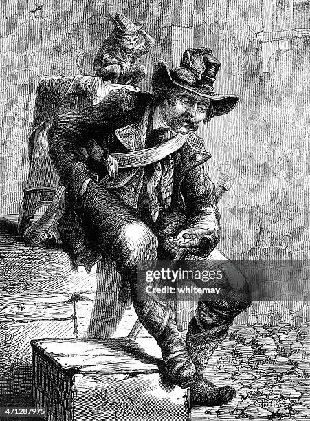 street organ grinder with his monkey (victorian illustration) - organ grinder stock illustrations