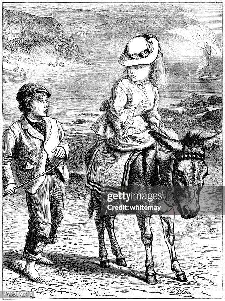 victorian girl and boy with donkey on a beach - ass boy stock illustrations