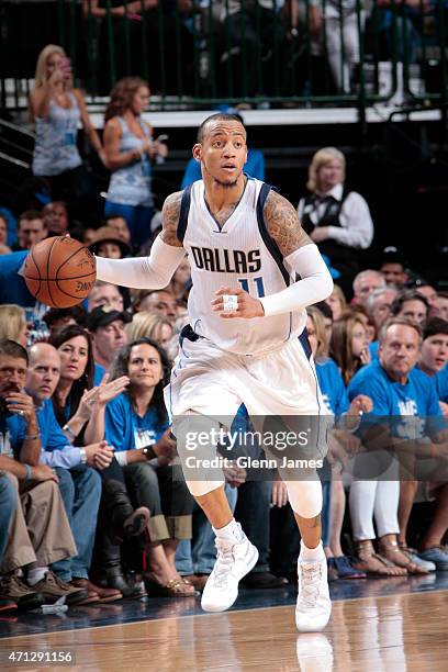 Monta Ellis of the Dallas Mavericks handles the ball against the Houston Rockets during Game Four of the Western Conference Quarterfinals of the 2015...