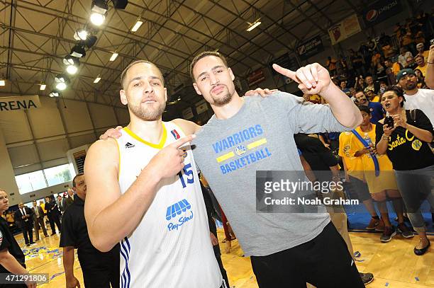 Mychel Thompson of the Santa Cruz Warriors celebrates with Klay Thompson of the Golden State Warriors after winning the NBA D-League Championship...