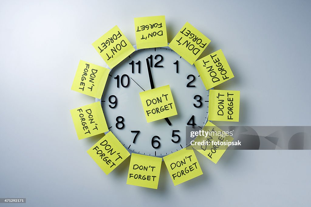 Wall clock with 'don't forget' notes all over