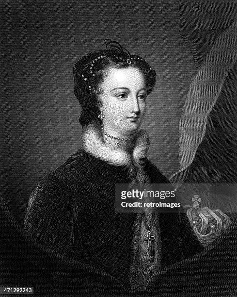 etching: mary queen of scots (engraved illustration) - tudor women stock illustrations