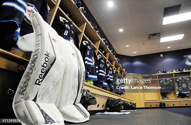 General view of the Winnipeg Jets locker room prior to Game Three of the Western Conference Quarterfinals against the Anaheim Ducks during the 2015...
