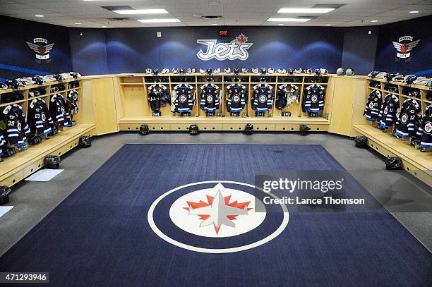 General view of the Winnipeg Jets locker room prior to Game Three of the Western Conference Quarterfinals against the Anaheim Ducks during the 2015...