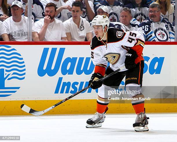 Sami Vatanen of the Anaheim Ducks keeps an eye on the play during third-period action against the Winnipeg Jets in Game Three of the Western...