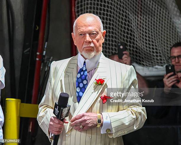 Don Cherry of Rogers Sportsnet looks on prior to puck drop between the Winnipeg Jets and the Anaheim Ducks in Game Three of the Western Conference...