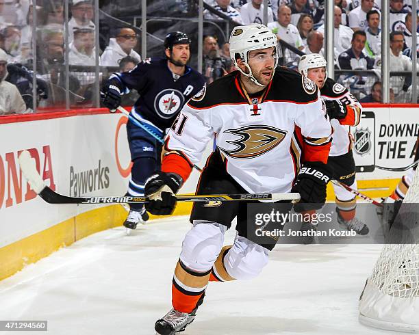 Kyle Palmieri of the Anaheim Ducks follows the play around the net during first-period action against the Winnipeg Jets in Game Three of the Western...