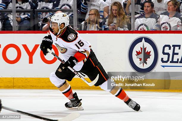 Emerson Etem of the Anaheim Ducks keeps an eye on the play during third-period action against the Winnipeg Jets in Game Three of the Western...