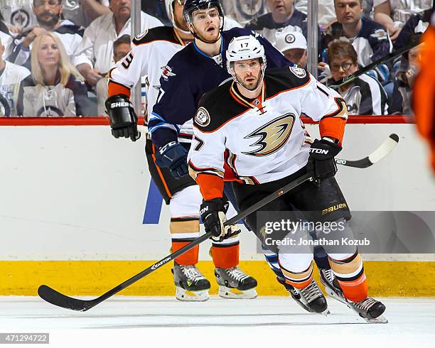 Ryan Kesler of the Anaheim Ducks keeps an eye on the play during first-period action against the Winnipeg Jets in Game Three of the Western...