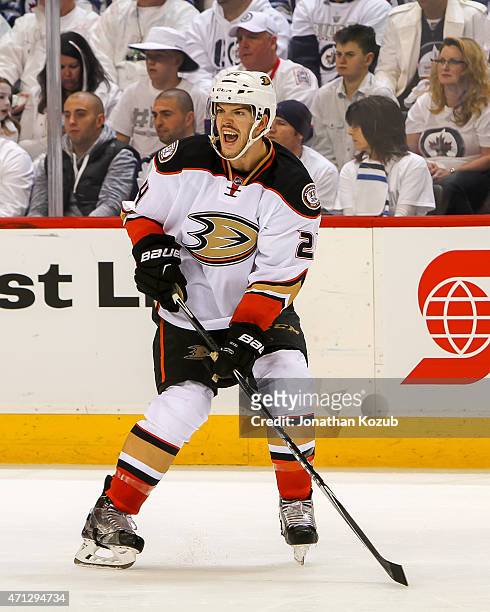 Simon Depres of the Anaheim Ducks calls out during overtime against the Winnipeg Jets in Game Three of the Western Conference Quarterfinals during...