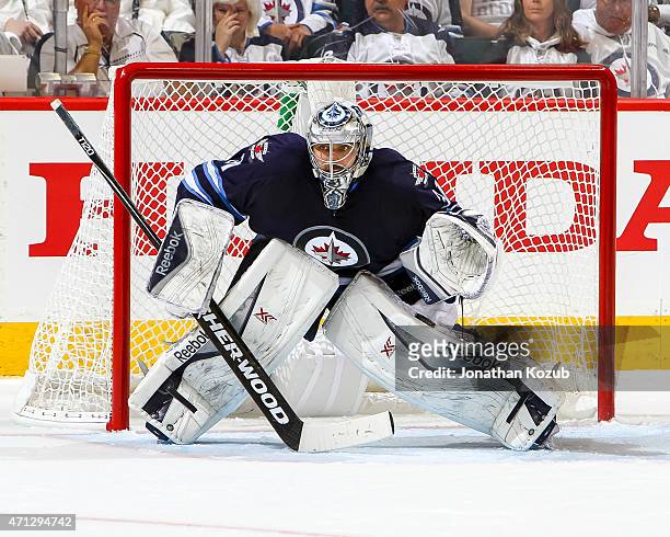 Goaltender Ondrej Pavelec of the Winnipeg Jets guards the net during overtime against the Anaheim Ducks in Game Three of the Western Conference...