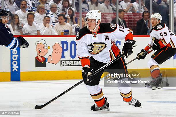 Corey Perry of the Anaheim Ducks keeps an eye on the play during first-period action against the Winnipeg Jets in Game Three of the Western...